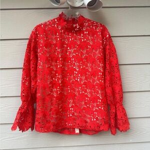 Paul & Joe Sister lace embroidered long sleeve red blouse size 2